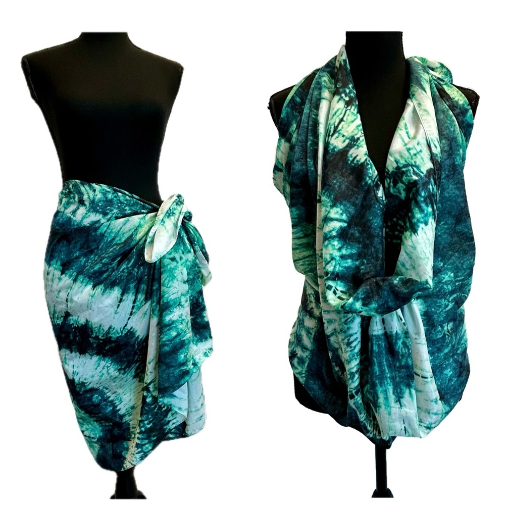 H&M emerald green ivory white tie-dye all over print large thin scarf NWOT